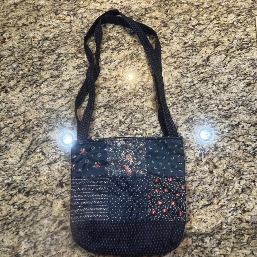 Handmade Quilted‎ Patchwork Crossbody Bag Navy Blue Floral Paisley Boho Tote